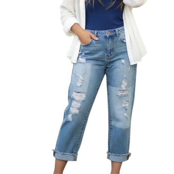 Gilded Intent Denim - Gilded Intent 28 High Rise Distressed Ankle Cuffed Straight Leg Jeans
